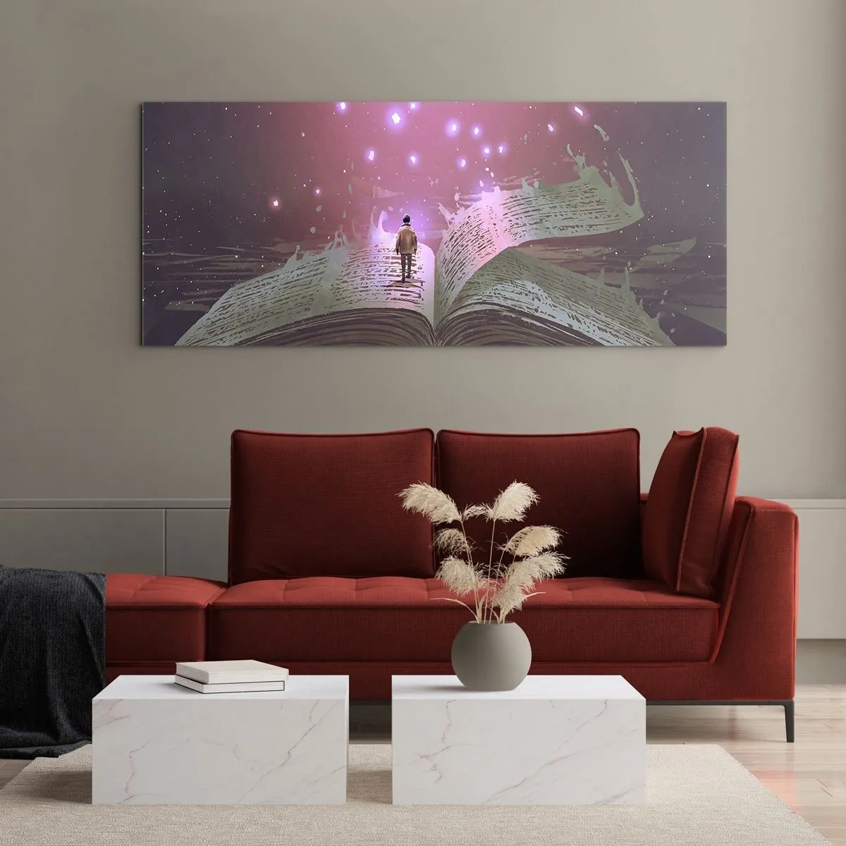 Glasbild - Bild auf glas - Eine Figur tritt in einem magischen Licht auf ein offenes Buch. - 120x50cm - Einladung in eine andere Welt - lesen Sie! - Moderne Wanddekoration für Wohnzimmer und Schlafzimmer ARTTOR