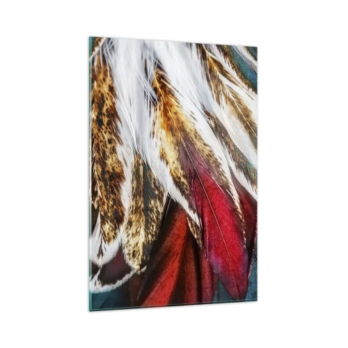 Glasbild - Bild auf glas - Nahaufnahme von mehrfarbigen Federn in leuchtenden, intensiven Farben - 80x120cm - Geheimnisse des Fliegens - Moderne Wanddekoration für Wohnzimmer und Schlafzimmer ARTTOR