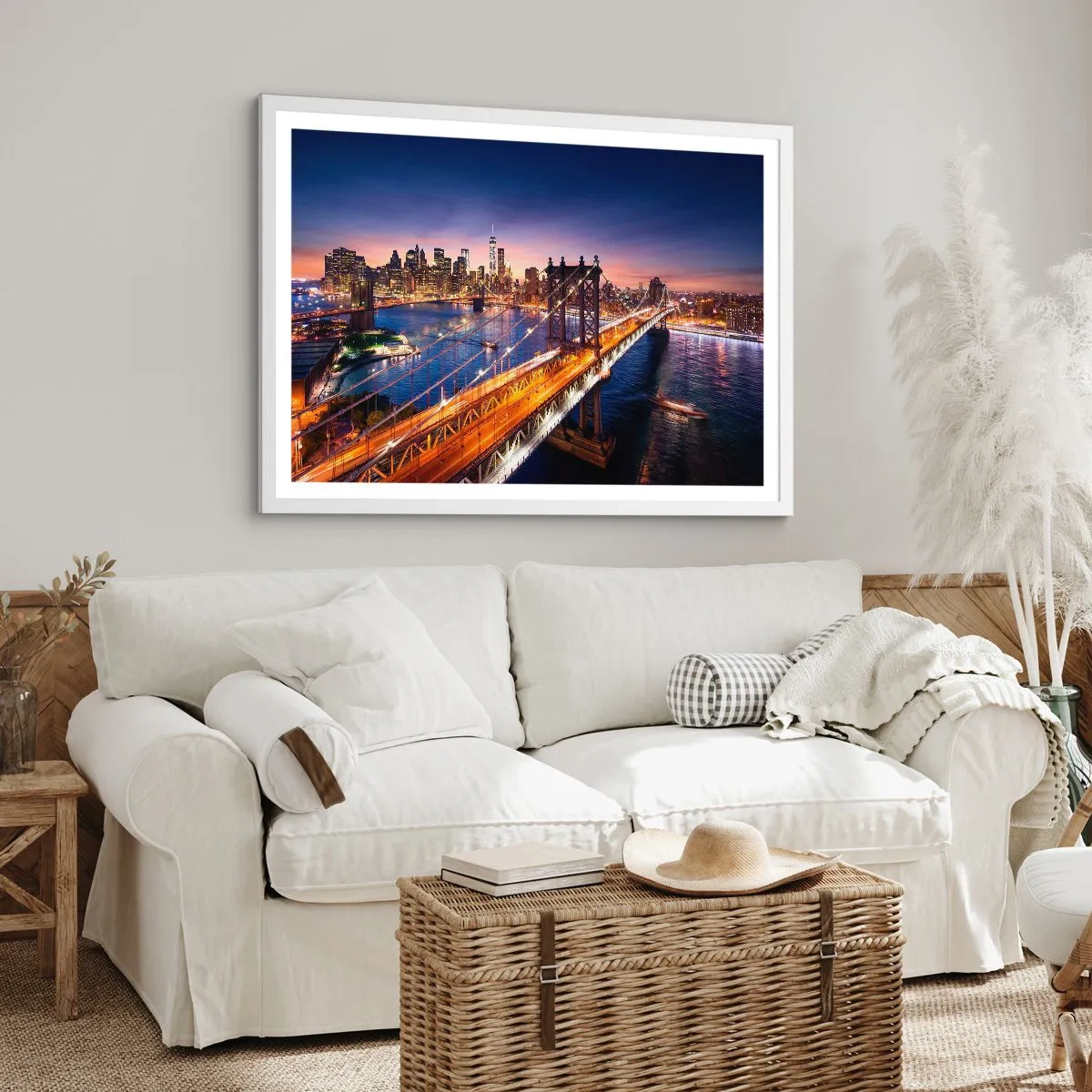 Poster in einem weißen Rahmen - Eine leuchtende Brücke zum Herzen der Stadt - 100x70 cm