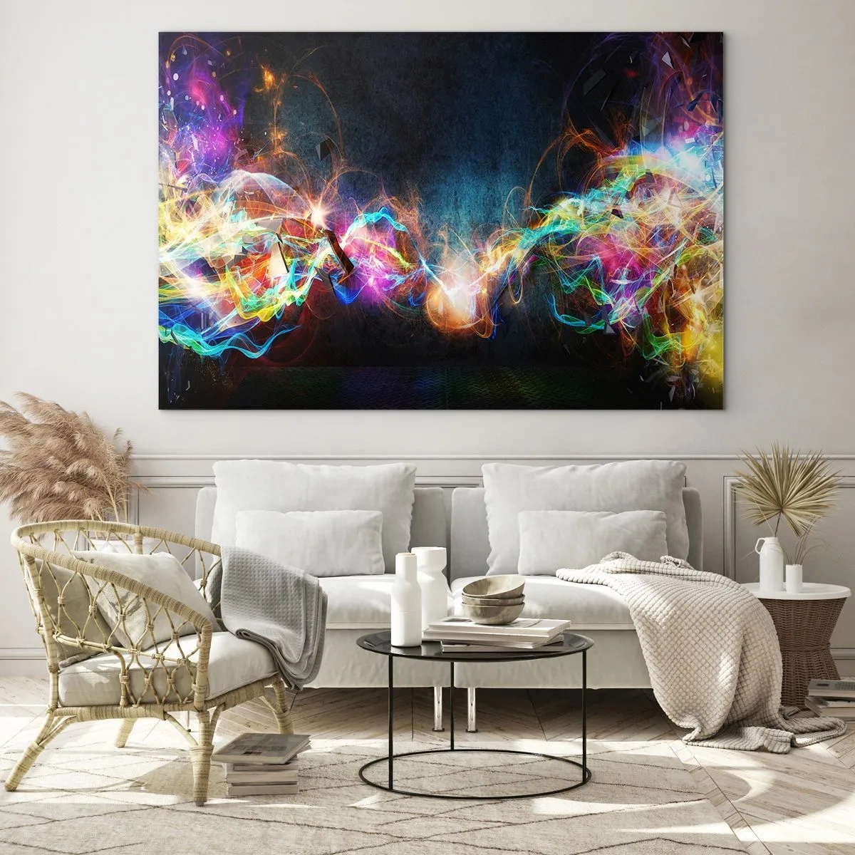 Glasbild - Bild auf glas - Abstrakte Lichter und farbenfrohe Energie im futuristischen Stil - 120x80cm - Freudig gegen die Dunkelheit - Moderne Wanddekoration für Wohnzimmer und Schlafzimmer ARTTOR