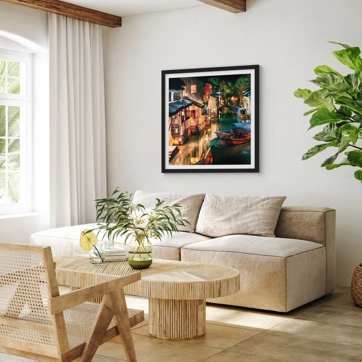 Poster in einem schwarzem Rahmen - Ein Abend auf einer chinesischen Straße - 50x50 cm