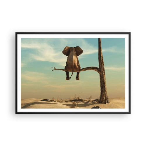 Poster in einem schwarzem Rahmen - Ein Elefant sitzt auf einem Ast und blickt auf eine Wüstenlandschaft - 100x70cm - Neuer Blickwinkel - Moderne Wanddekoration für Wohnzimmer und Schlafzimmer ARTTOR