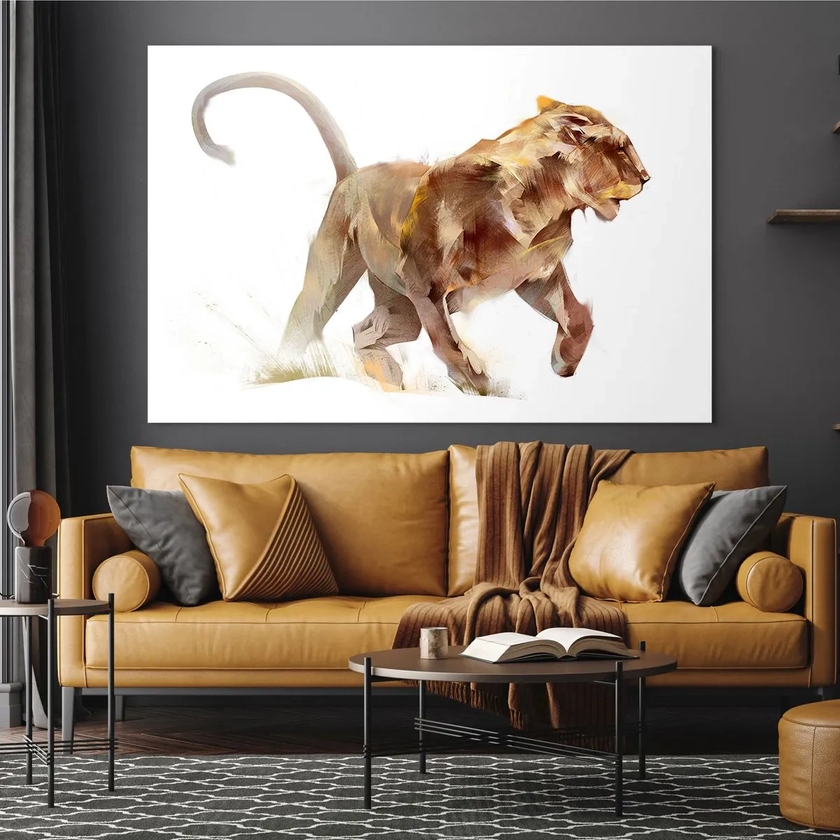 Glasbild - Bild auf glas - Dynamische Silhouette eines Löwen im künstlerischen Stil auf weißem Hintergrund - 70x50cm - Wilde Anmut - Moderne Wanddekoration für Wohnzimmer und Schlafzimmer ARTTOR