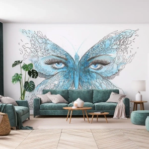 Maßgeschneiderte Fototapete Premium Sand - Eros Blaumeise - Abstraktion, Schmetterling, Weibliche Augen