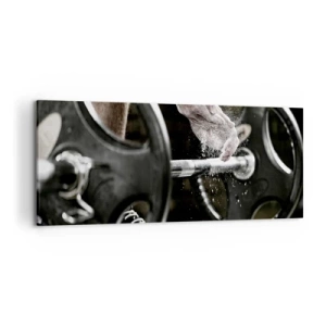 Bild auf Leinwand - Leinwandbild - Hanteln und die Hände eines Sportlers bereiten sich auf das Training vor - 120x50cm - Herausforderung angenommen! - Moderne Wanddekoration für Wohnzimmer und Schlafzimmer ARTTOR