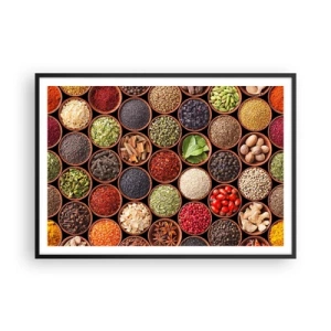 Poster in einem schwarzem Rahmen - Bunte Gewürze in runden Behältern - 100x70cm - Alle Aromen der Welt - Moderne Wanddekoration für Wohnzimmer und Schlafzimmer ARTTOR