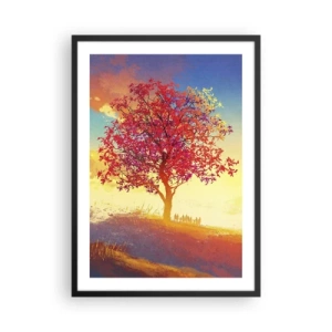 Poster in einem schwarzem Rahmen - Ein Baum mit roten Blättern vor dem Hintergrund der untergehenden Sonne - 50x70cm - Pilger am Ziel - Moderne Wanddekoration für Wohnzimmer und Schlafzimmer ARTTOR