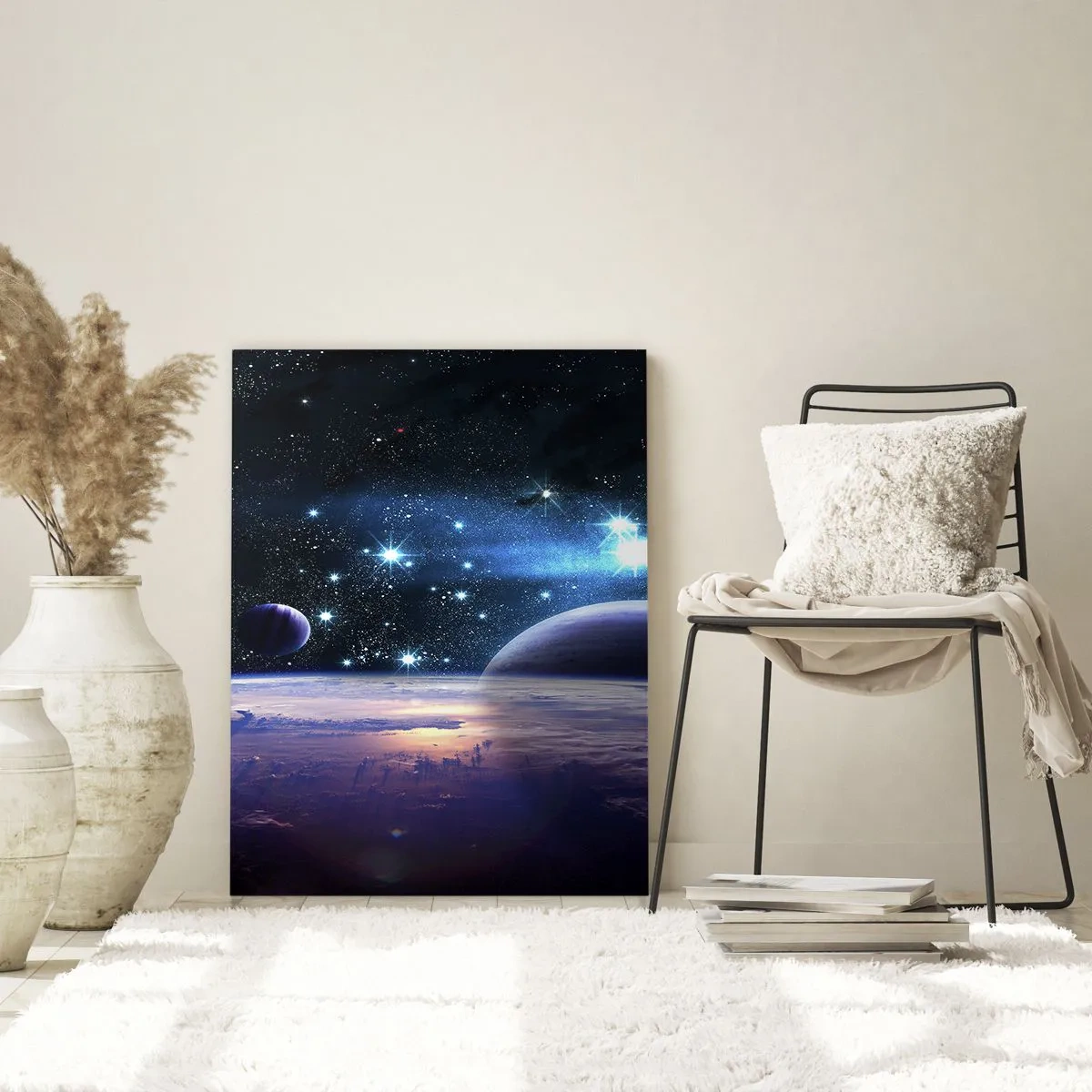 Glasbild - Bild auf glas - Eine Weltraumlandschaft mit Planeten und Sternen vor dem Hintergrund einer Galaxie. - 50x70cm - Noch allein? - Moderne Wanddekoration für Wohnzimmer und Schlafzimmer ARTTOR