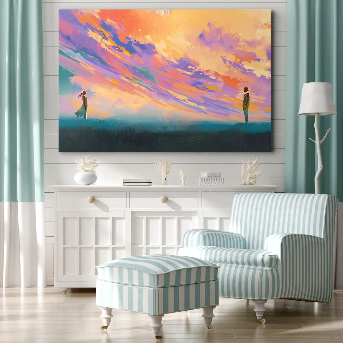 Bild auf Leinwand - Leinwandbild - Eine dynamische Szene mit Figuren vor einem farbenfrohen Sonnenuntergangshimmel - 120x80cm - Die Anziehungskraft - Moderne Wanddekoration für Wohnzimmer und Schlafzimmer ARTTOR