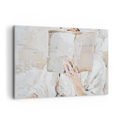 Bild auf Leinwand - Leinwandbild - Ein impressionistisches Gemälde einer Hand, die ein offenes Buch hält. - 120x80cm - In einer anderen Welt - Moderne Wanddekoration für Wohnzimmer und Schlafzimmer ARTTOR