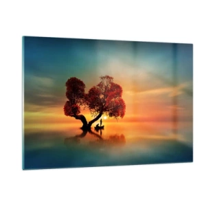 Glasbild - Bild auf glas - Ein Baum mit roten Blättern vor dem Hintergrund des Sonnenuntergangs - 120x80cm - Oddaysons und die Stille der Weltlosen - Moderne Wanddekoration für Wohnzimmer und Schlafzimmer ARTTOR