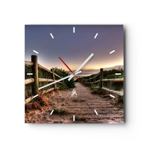 Wanduhr - Glasuhr - Holzweg in den Dünen, der bei Sonnenuntergang zum Strand führt - 30x30cm - Das Ziel ist bereits sichtbar - Moderne Wanddekoration für Wohnzimmer und Schlafzimmer ARTTOR