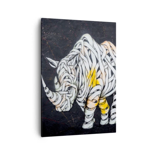 Bild auf Leinwand - Leinwandbild - Ein geschnitztes Nashorn mit abstrakten Streifen auf dunklem Hintergrund. - 50x70cm - Dicke Haut ist ein Mythos - Moderne Wanddekoration für Wohnzimmer und Schlafzimmer ARTTOR