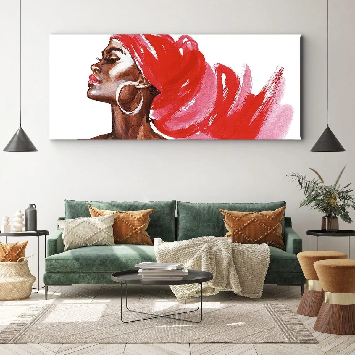 Bild auf Leinwand - Leinwandbild - Profil einer Frau mit rotem Turban und Ohrringen - 120x50cm - Es weht ein Wind, der die Nase eines Mannes öffnet - Moderne Wanddekoration für Wohnzimmer und Schlafzimmer ARTTOR
