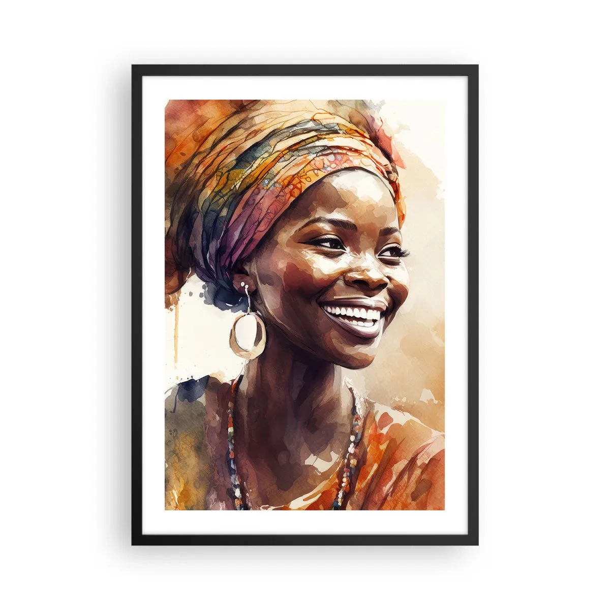 Poster in einem schwarzem Rahmen - Porträt einer lächelnden Frau mit buntem Turban - 50x70cm - Afrikanische Königin - Moderne Wanddekoration für Wohnzimmer und Schlafzimmer ARTTOR
