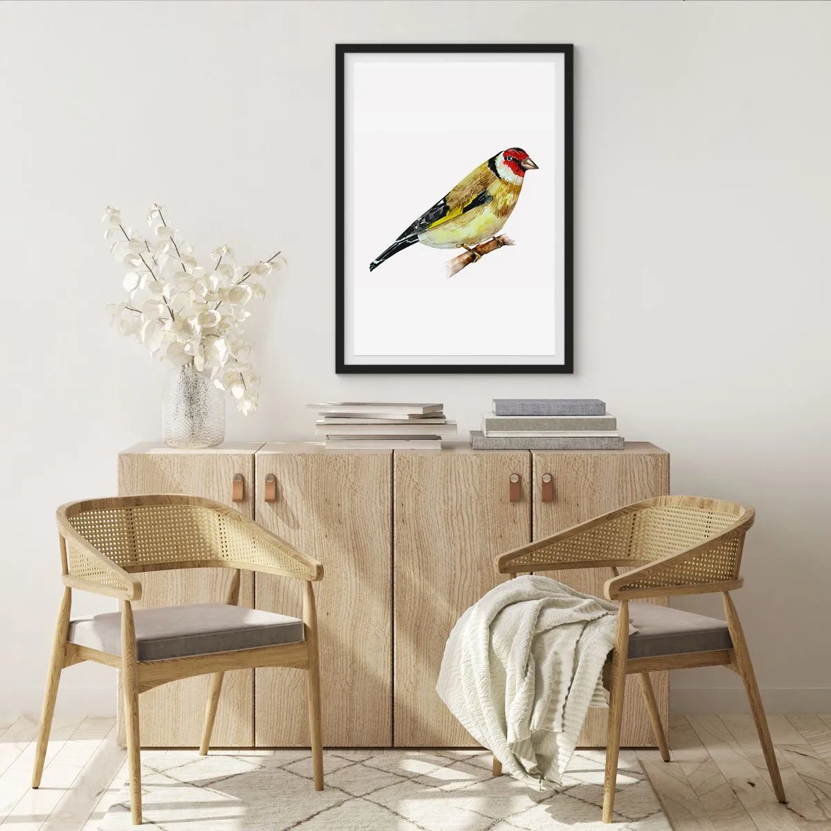 Poster in einem schwarzem Rahmen - Stieglitz auf einem Ast im Aquarellstil - 50x70cm - Vogelporträt - Moderne Wanddekoration für Wohnzimmer und Schlafzimmer ARTTOR