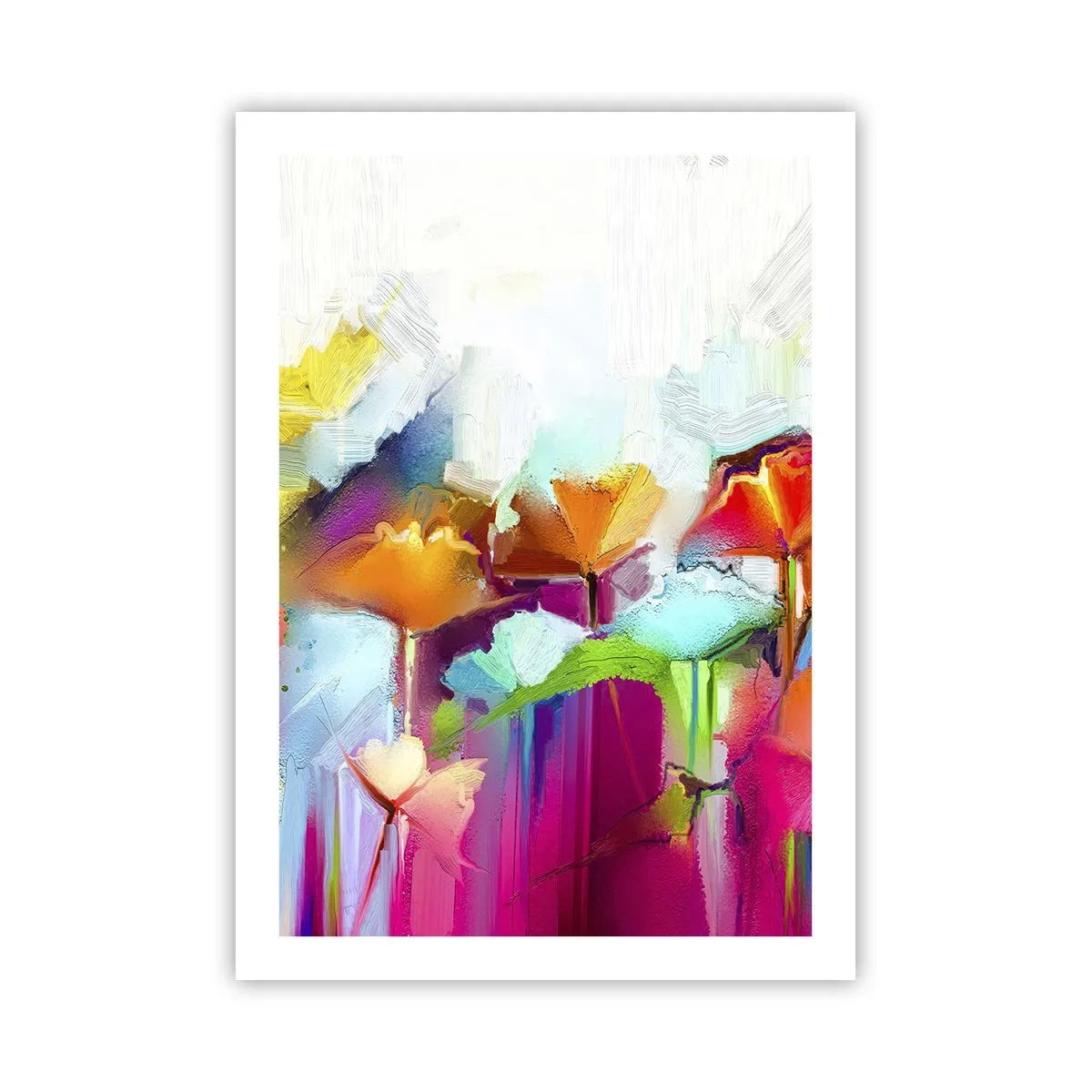 Poster - Abstrakte Blumen in intensiven Farben auf weißem Hintergrund - 50x70cm - Der Regenbogen ist aufgeblüht - Moderne Wanddekoration für Wohnzimmer und Schlafzimmer ARTTOR