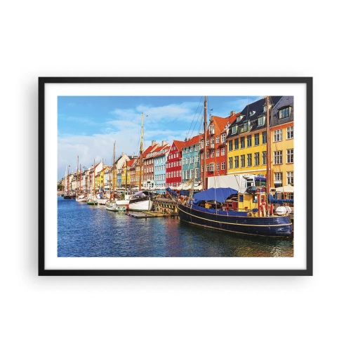 Poster in einem schwarzem Rahmen - Bunte Häuser am Kanal mit Booten in der Sonne - 70x50cm - Fröhlicher Kai - Moderne Wanddekoration für Wohnzimmer und Schlafzimmer ARTTOR