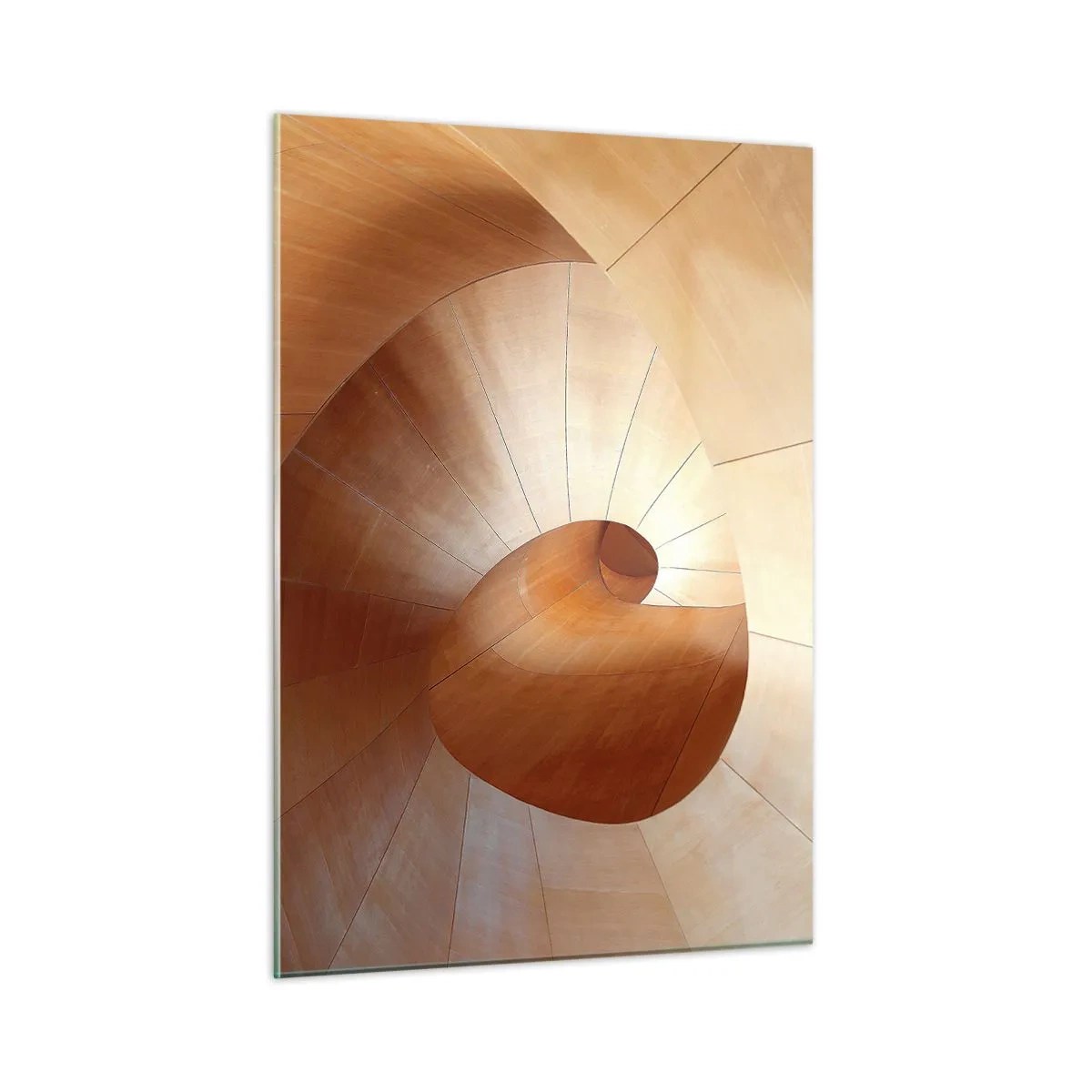 Glasbild - Bild auf glas - Spiralförmige architektonische Struktur aus Holz in warmen Farben - 50x70cm - Architektonische Serpentine - Moderne Wanddekoration für Wohnzimmer und Schlafzimmer ARTTOR