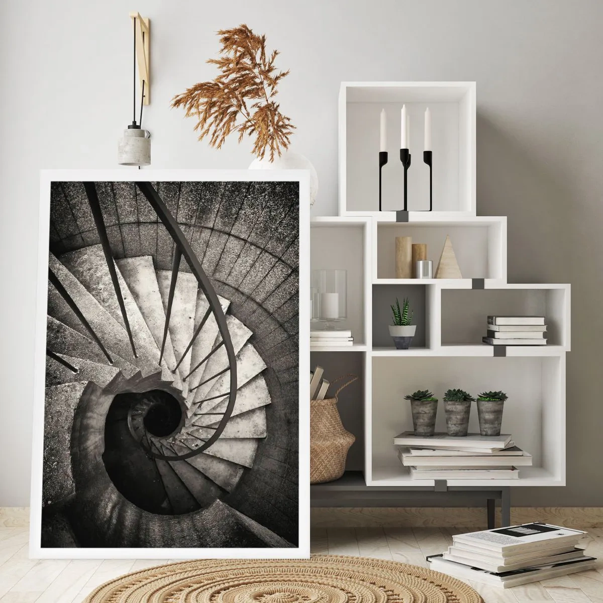 Poster - Schwarz-Weiß-Fotografie einer Wendeltreppe von oben - 50x70cm - Treppe hoch, Treppe runter - Moderne Wanddekoration für Wohnzimmer und Schlafzimmer ARTTOR