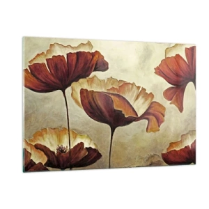 Glasbild - Bild auf glas - Mohnblumen in Rot- und Goldtönen auf hellem Hintergrund - 120x80cm - Weideland - Moderne Wanddekoration für Wohnzimmer und Schlafzimmer ARTTOR