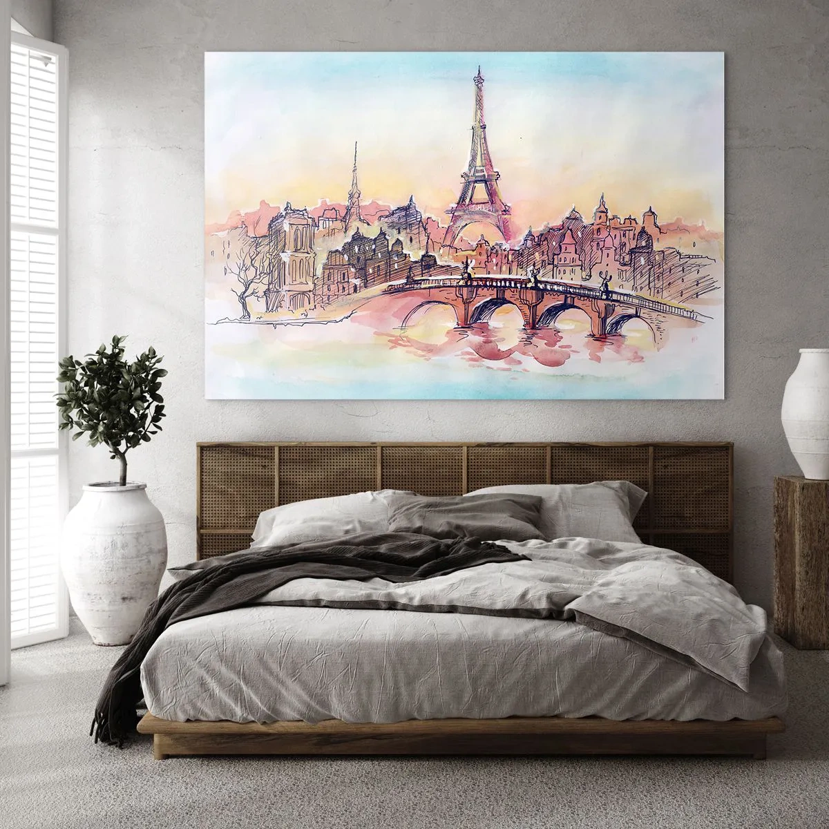 Glasbild - Bild auf glas - Ein Panorama von Paris mit dem Eiffelturm in einem zarten Aquarellstil - 100x70cm - Die einzige Stadt dieser Art auf der Welt - Moderne Wanddekoration für Wohnzimmer und Schlafzimmer ARTTOR
