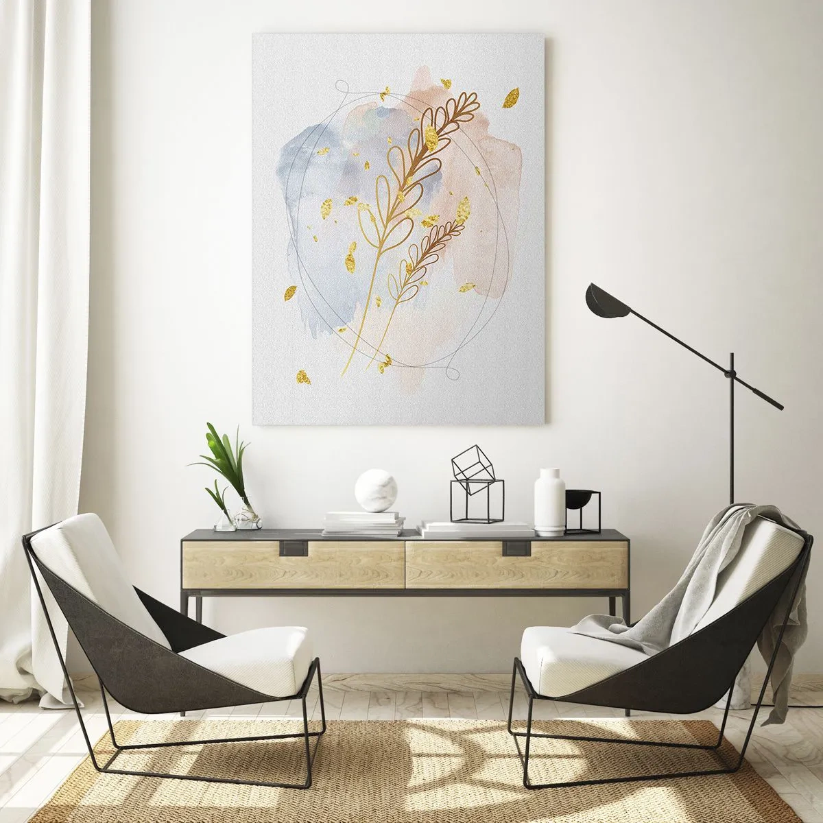 Glasbild - Bild auf glas - Eine zarte Komposition mit Zweigen und goldenen Blättern in Aquarell - 50x70cm - Goldenr Hauch - Moderne Wanddekoration für Wohnzimmer und Schlafzimmer ARTTOR