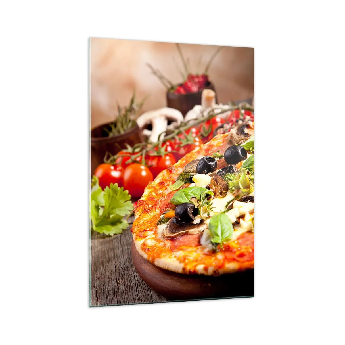 Glasbild - Bild auf glas - Pizza mit Oliven, Basilikum und frischen Zutaten auf Holzhintergrund - 70x100cm - Aus den tellurischen Zutaten - Moderne Wanddekoration für Wohnzimmer und Schlafzimmer ARTTOR