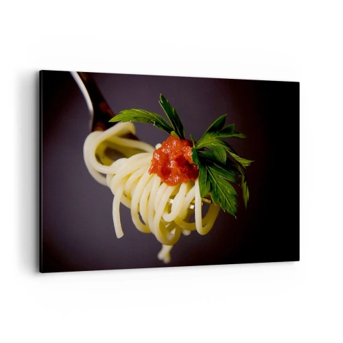 Bild auf Leinwand - Leinwandbild - Spaghetti auf einer Gabel mit Tomatensauce und Petersilie - 120x80cm - Ein leckerer Bissen - Moderne Wanddekoration für Wohnzimmer und Schlafzimmer ARTTOR