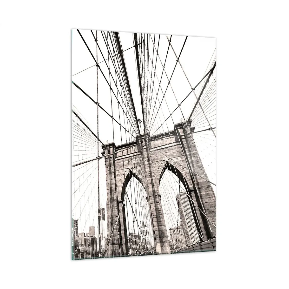 Glasbild - Bild auf glas - Eine Hängebrücke mit einem Stadtpanorama im Hintergrund in Sepia - 50x70cm - New Yorker Kathedrale - Moderne Wanddekoration für Wohnzimmer und Schlafzimmer ARTTOR