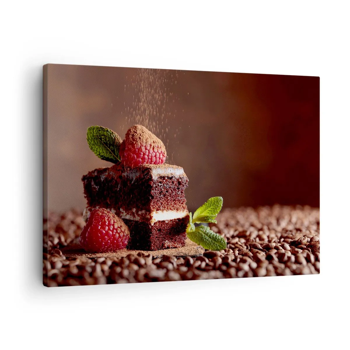 Bild auf Leinwand - Leinwandbild - Schokoladenkuchen mit Himbeeren und Minze auf einem Hintergrund aus Kakaobohnen - 70x50cm - Das Leben ist süß - Moderne Wanddekoration für Wohnzimmer und Schlafzimmer ARTTOR