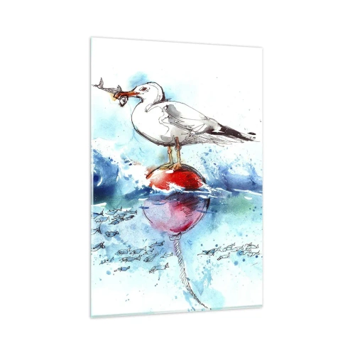 Glasbild - Bild auf glas - Möwe auf einer Boje mit Fischen im Hintergrund im Aquarellstil - 80x120cm - Erfolgreicher Fang - Moderne Wanddekoration für Wohnzimmer und Schlafzimmer ARTTOR