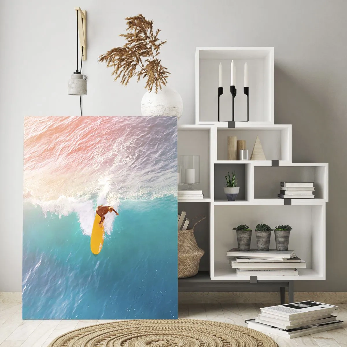 Glasbild - Bild auf glas - Surfer reitet auf einer Welle im türkisfarbenen Ozean - 50x70cm - Der Ozeanreiter - Moderne Wanddekoration für Wohnzimmer und Schlafzimmer ARTTOR