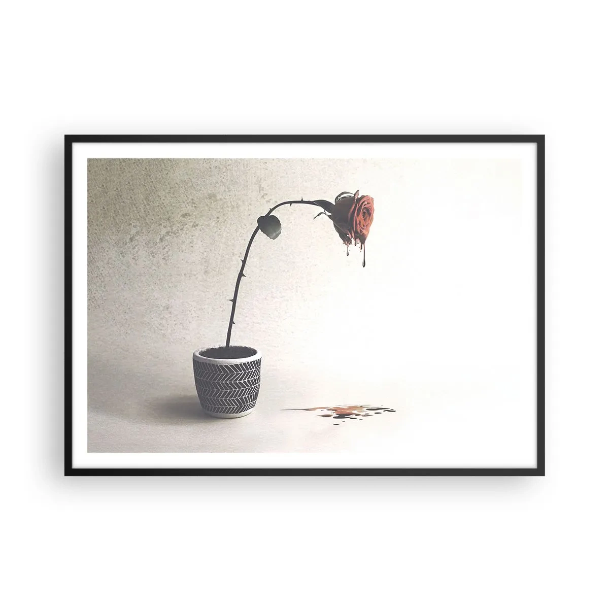Poster in einem schwarzem Rahmen - Eine rote Rose in einem Topf mit Farbtropfen auf weißem Hintergrund - 100x70cm - Rosa dolorosa - Moderne Wanddekoration für Wohnzimmer und Schlafzimmer ARTTOR