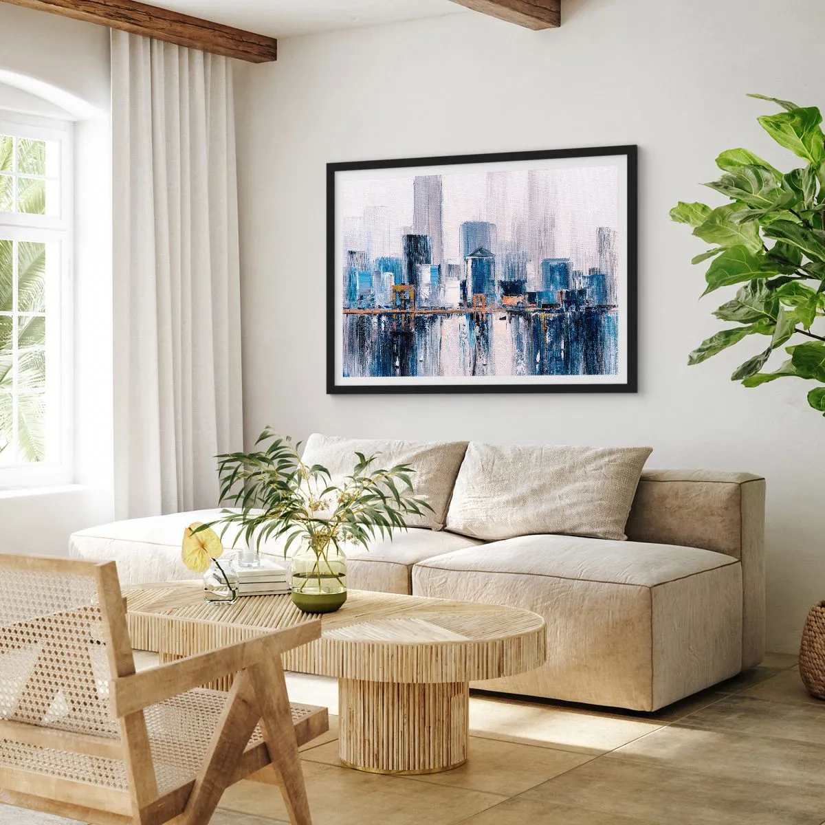 Poster in einem schwarzem Rahmen - Abstraktes Stadtpanorama mit Blau- und Gelbtönen - 70x50cm - New Yorker Eindruck - Moderne Wanddekoration für Wohnzimmer und Schlafzimmer ARTTOR