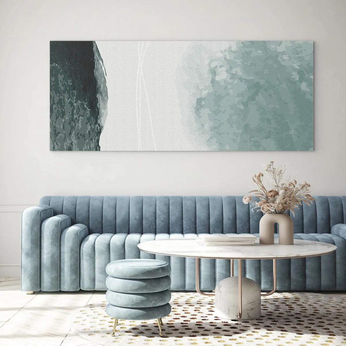 Glasbild - Bild auf glas - Eine zarte abstrakte Komposition in Grüntönen mit subtilen Formen auf hellem Hintergrund. - 140x50cm - Begegnung mit Nebel - Moderne Wanddekoration für Wohnzimmer und Schlafzimmer ARTTOR