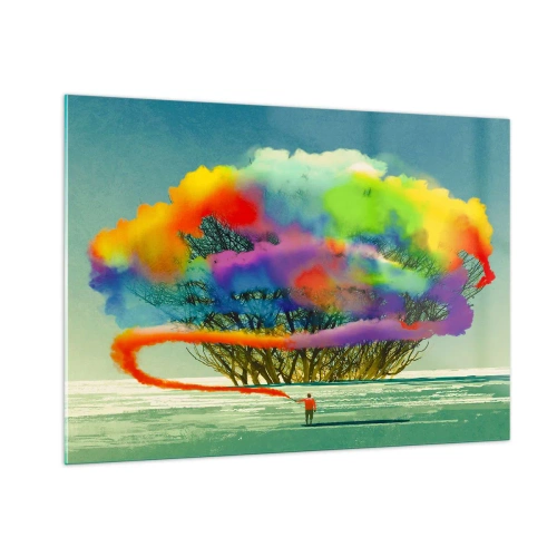 Glasbild - Bild auf glas - Eine bunte Rauchexplosion vor dem Hintergrund eines einsamen Baumes. - 100x70cm - Erwecke diese Welt zum Leben - Moderne Wanddekoration für Wohnzimmer und Schlafzimmer ARTTOR