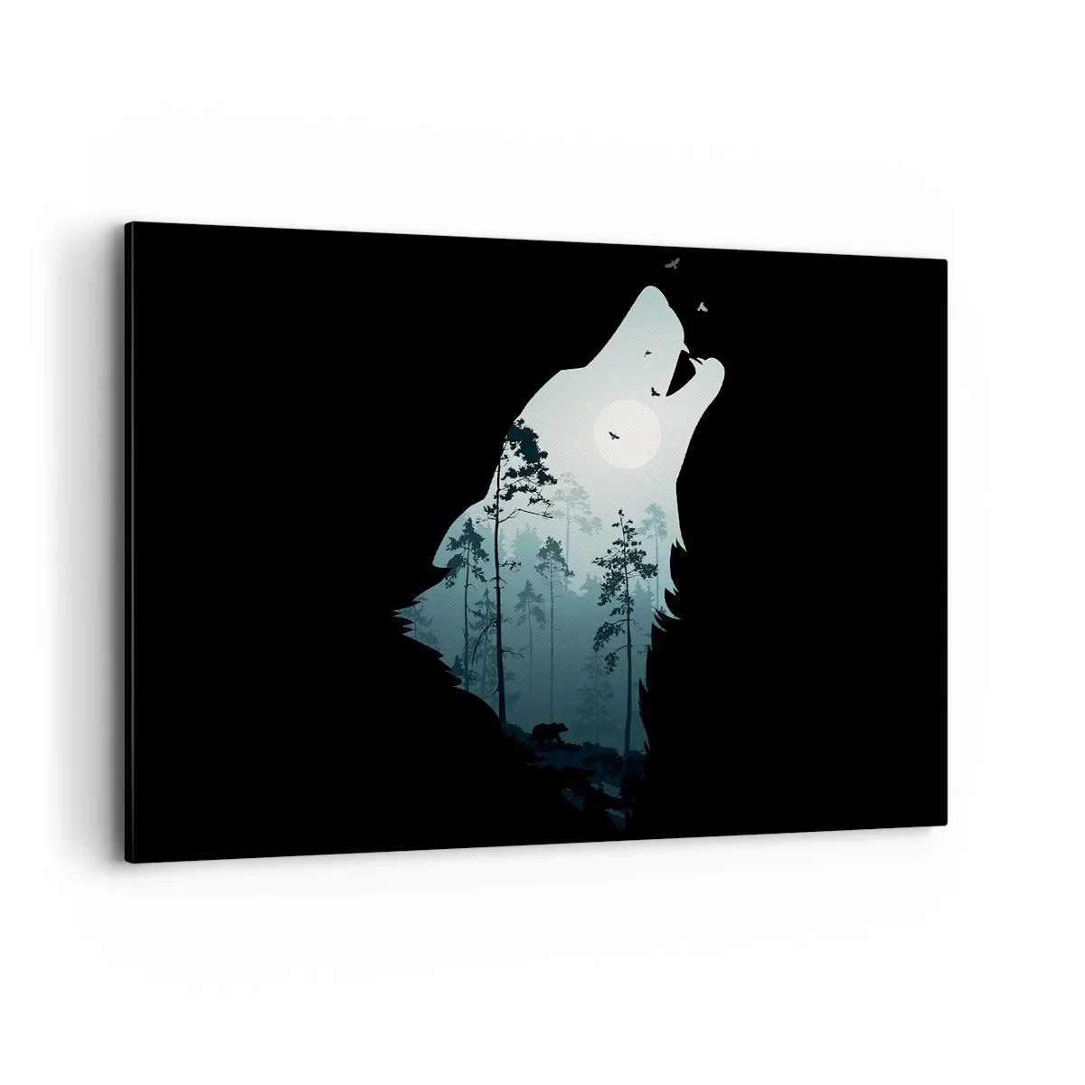 Bild auf Leinwand - Leinwandbild - Silhouette eines Wolfes mit Wald und Mond im Hintergrund - 100x70cm - Die Stimme der Waldnacht - Moderne Wanddekoration für Wohnzimmer und Schlafzimmer ARTTOR