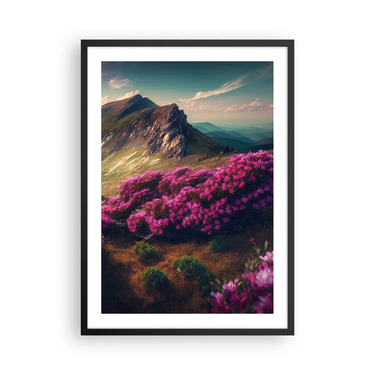Poster in einem schwarzem Rahmen - Berglandschaft mit blühenden Rhododendren - 50x70cm - Sommer in den Bergen - Moderne Wanddekoration für Wohnzimmer und Schlafzimmer ARTTOR
