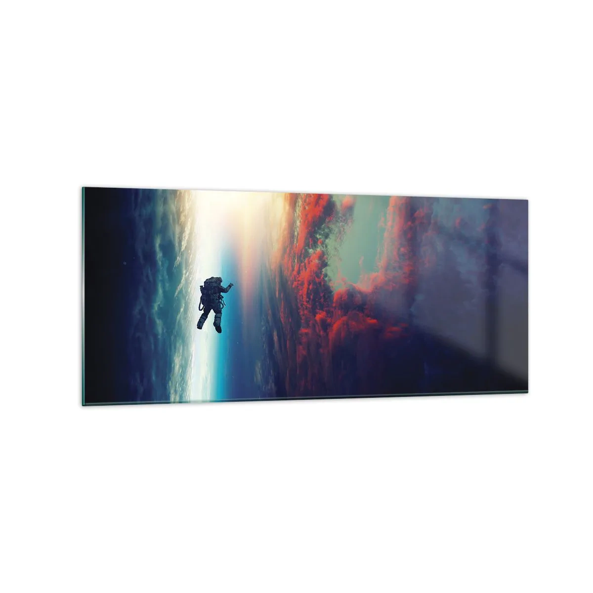 Glasbild - Bild auf glas - Ein Astronaut schwebt im Weltraum über einer bunten Erde - 120x50cm - Sich dem Universum stellen - Moderne Wanddekoration für Wohnzimmer und Schlafzimmer ARTTOR
