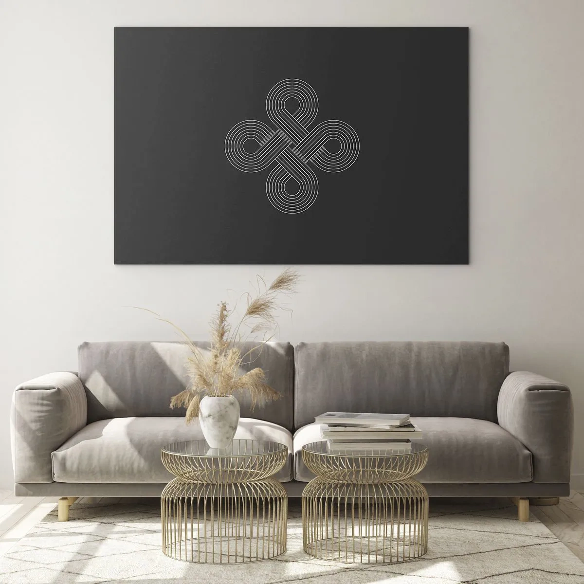 Glasbild - Bild auf glas - Minimalistisches weißes keltisches Symbol auf schwarzem Hintergrund - 70x50cm - Im keltischen Geist - Moderne Wanddekoration für Wohnzimmer und Schlafzimmer ARTTOR