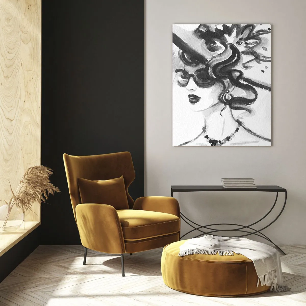 Glasbild - Bild auf glas - Elegante Frau mit Hut im Schwarz-Weiß-Stil - 70x100cm - Eine Dame mit Charakter - Moderne Wanddekoration für Wohnzimmer und Schlafzimmer ARTTOR