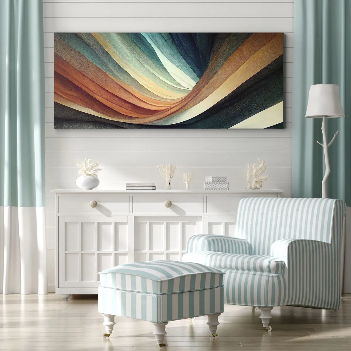 Bild auf Leinwand - Leinwandbild - Abstrakte Wellen in warmen und kühlen Farbtönen - 160x50cm - Aus Farben gewebt - Moderne Wanddekoration für Wohnzimmer und Schlafzimmer ARTTOR