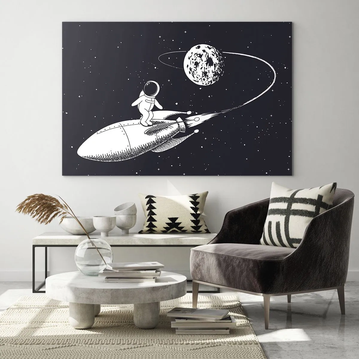 Glasbild - Bild auf glas - Cartoon-Astronaut surft auf einer Rakete im Weltraum - 70x50cm - Weltraumsurfer - Moderne Wanddekoration für Wohnzimmer und Schlafzimmer ARTTOR