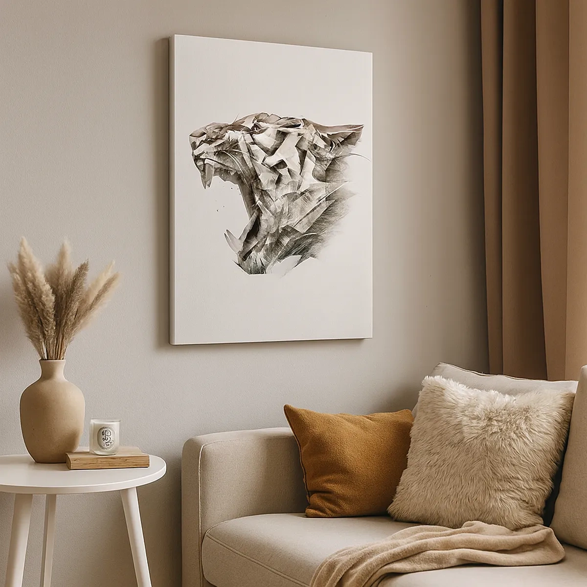 Bild auf Leinwand - Leinwandbild - Abstraktes Bild eines Tigers in Beigetönen - 50x70cm - Du weißt schon wer das Sagen hat - Moderne Wanddekoration für Wohnzimmer und Schlafzimmer ARTTOR