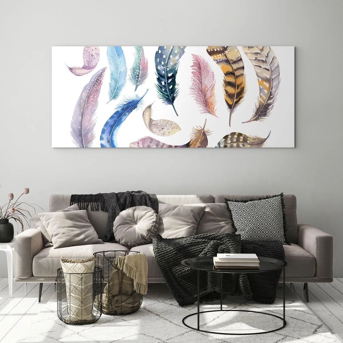 Glasbild - Bild auf glas - Bunte Federn im zarten Aquarell-Stil - 120x50cm - Hell, bunt und bunt - Moderne Wanddekoration für Wohnzimmer und Schlafzimmer ARTTOR