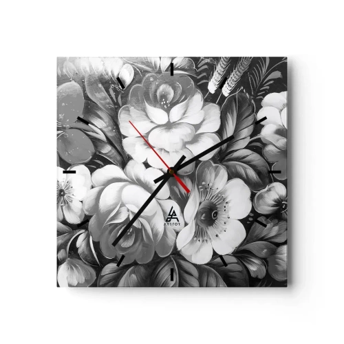 Wanduhr - Glasuhr - Schwarze und weiße Blumen in einer klassischen und eleganten Komposition - 30x30cm - Schön auch in Grau - Moderne Wanddekoration für Wohnzimmer und Schlafzimmer ARTTOR
