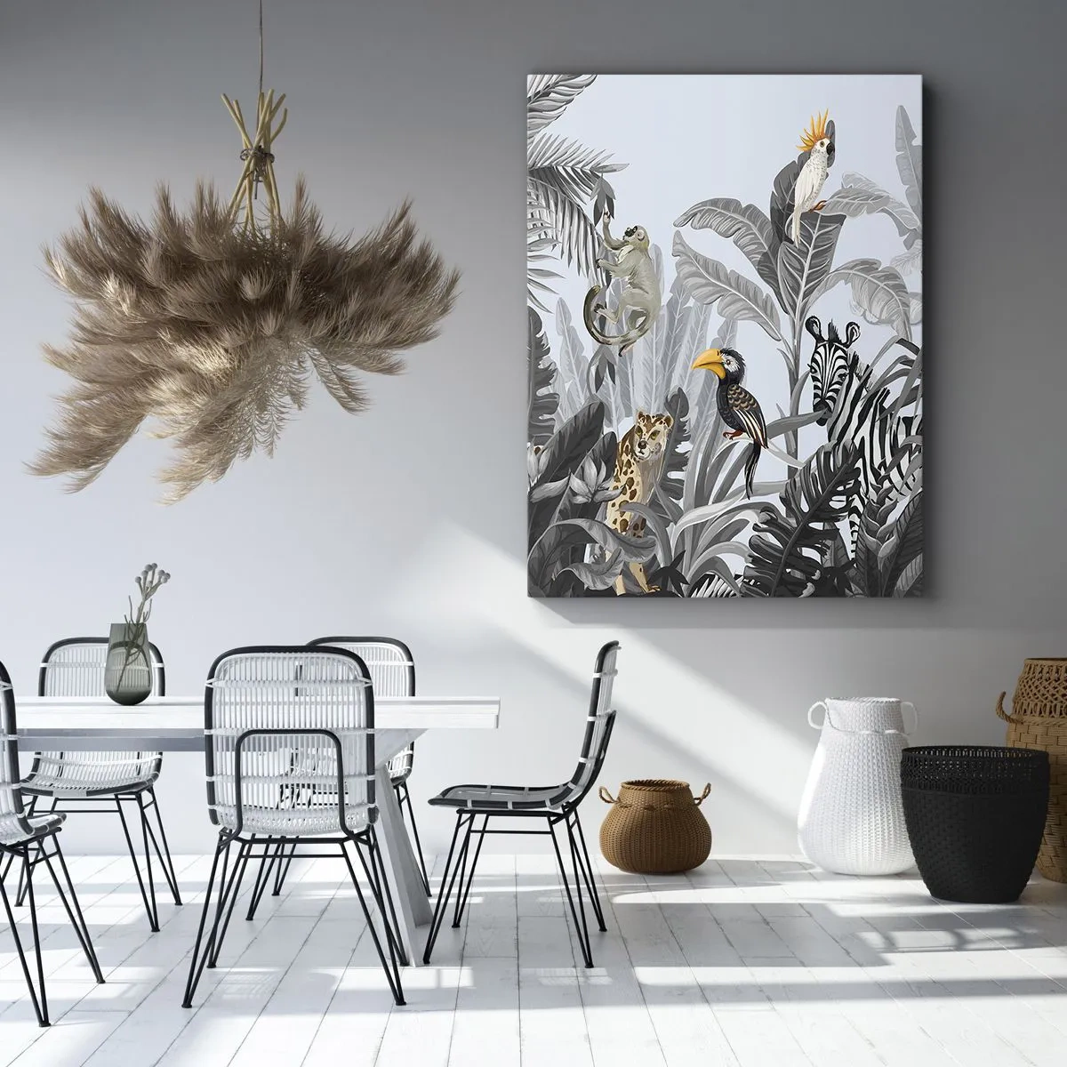 Bild auf Leinwand - Leinwandbild - Tropischer Dschungel mit exotischen Tieren auf grauem Hintergrund - 80x120cm - Afrikanisches Märchen - Moderne Wanddekoration für Wohnzimmer und Schlafzimmer ARTTOR