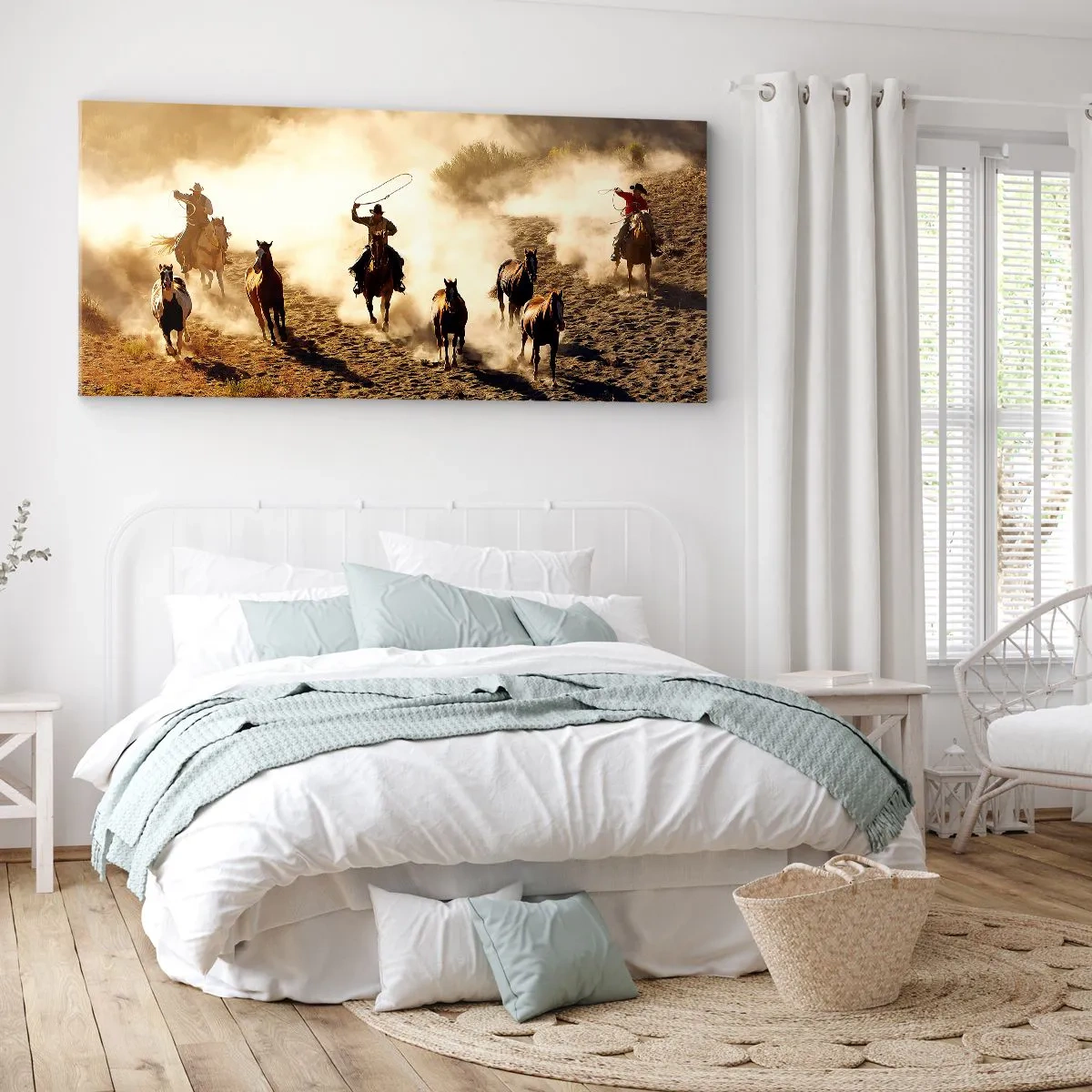 Bild auf Leinwand - Leinwandbild - Cowboys zu Pferd in Aktion im Wüstengelände - 120x50cm - Wirklich wilder Westen - Moderne Wanddekoration für Wohnzimmer und Schlafzimmer ARTTOR