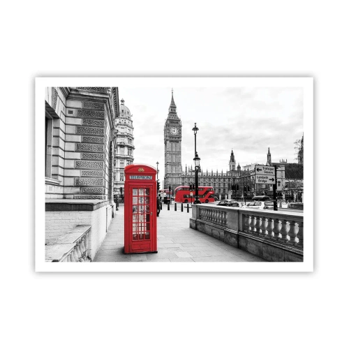 Poster - Eine rote Telefonzelle mit Big Ben im Hintergrund in London - 100x70cm - London, ohne Zweifel - Moderne Wanddekoration für Wohnzimmer und Schlafzimmer ARTTOR